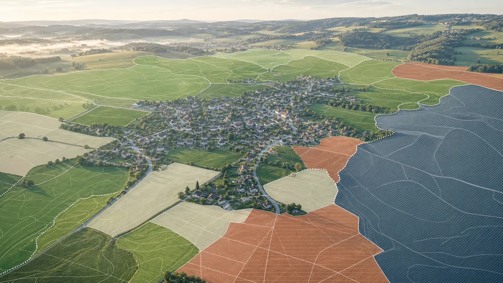 Illustrative Luftansicht einer österreichischen Gemeinde mit verschieden eingeordneten Flächenpotenzialen