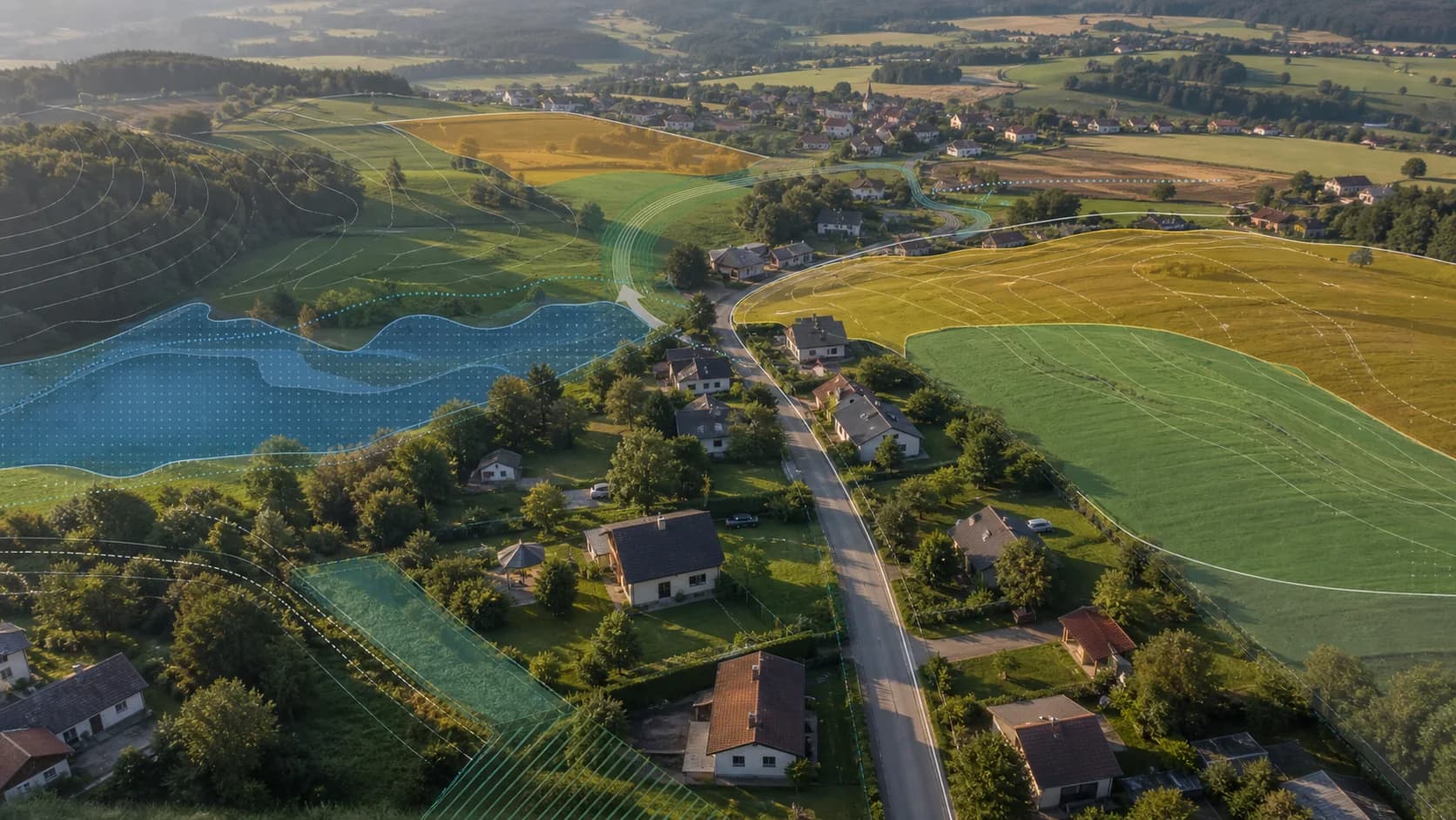 Illustrative Luftansicht eines österreichischen Siedlungsrands mit mehreren transparenten Standortdatenebenen
